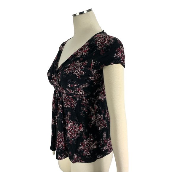 Motherhood Maternity Small Top Black Floral Tie Back Short Sleeve Stretch - Picture 2 of 5